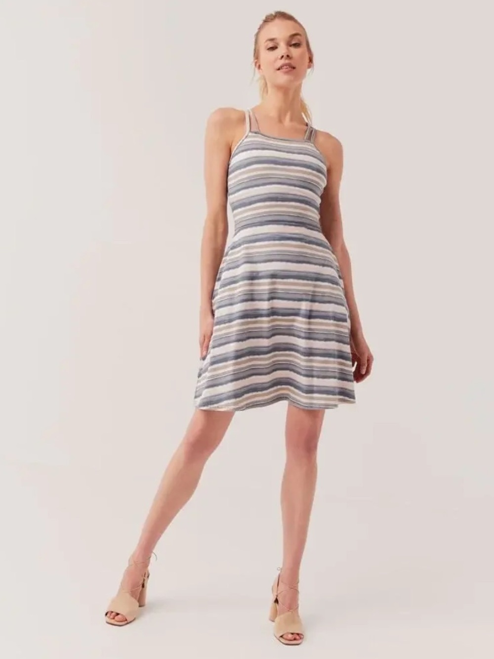 Pact Swell Striped Strappy fit & flare dress organic cotton built-in bra sz L
